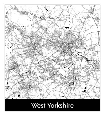 Batı Yorkshire Birleşik Krallık Avrupa Şehri haritası siyah beyaz vektör illüstrasyonu