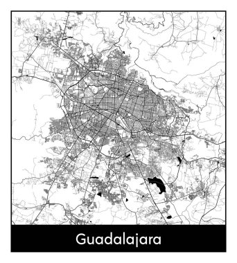Guadalajara Meksika Kuzey Amerika Şehri haritası siyah beyaz vektör illüstrasyonu