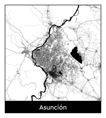 Asuncion Paraguay Güney Amerika şehir haritası siyah beyaz vektör illüstrasyonu
