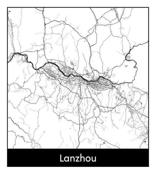 Lanzhou China Ásia Mapa Cidade Preto Branco Vetor Ilustração — Vetor de Stock