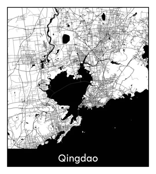 Qingdao Kína Ázsia Várostérkép Fekete Fehér Vektor Illusztráció — Stock Vector