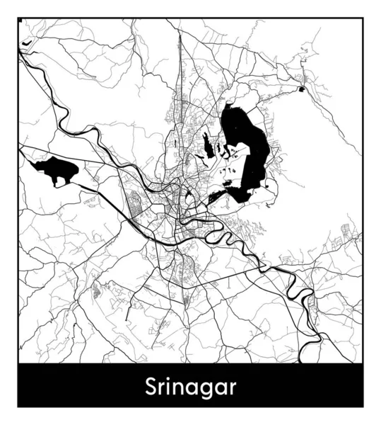Srinagar Ινδία Ασία Χάρτης Πόλη Μαύρο Λευκό Διάνυσμα Εικονογράφηση — Διανυσματικό Αρχείο