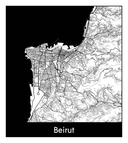 Beirute Líbano Ásia Mapa Cidade Ilustração Vetor Branco Preto — Vetor de Stock