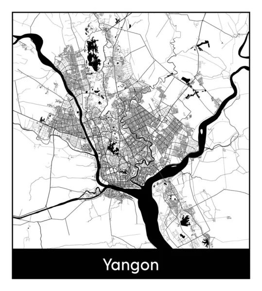 Yangon Myanmar Asya Şehri haritası siyah beyaz vektör illüstrasyonu