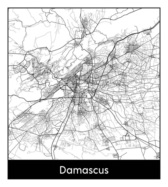 Damasco Síria Ásia Mapa Cidade Ilustração Vetor Branco Preto — Vetor de Stock