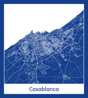Kazablanka Fas Afrika Şehri haritası mavi baskı vektör çizimi
