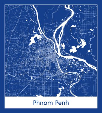 Phnom Penh Kamboçya Asya Şehri haritası mavi baskı çizimi