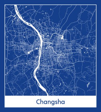 Changsha Çin Asya Şehri haritası mavi baskı vektör illüstrasyonu