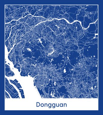 Dongguan Çin Asya Şehri haritası mavi baskı vektör illüstrasyonu