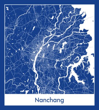 Nanchang Çin Asya Şehri haritası mavi baskı vektör illüstrasyonu