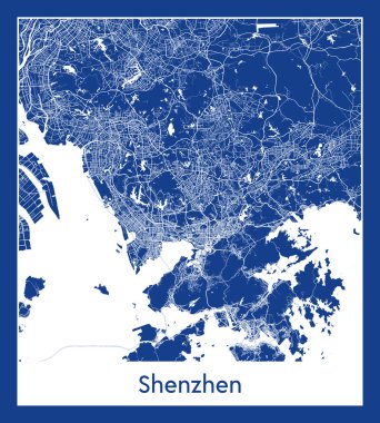 Shenzhen Çin Asya Şehri haritası mavi baskı vektör illüstrasyonu