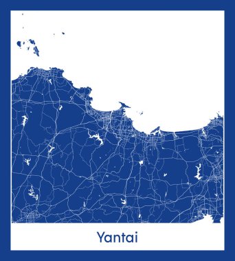 Yantai Çin Asya Şehri haritası mavi baskı vektör illüstrasyonu