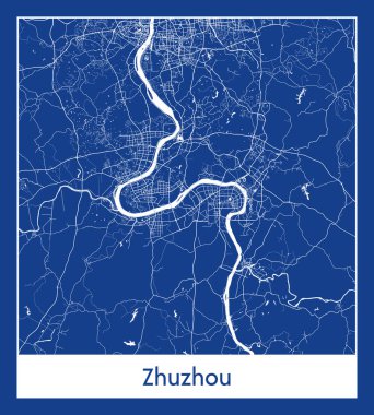 Zhuzhou Çin Asya Şehri haritası mavi baskı vektör illüstrasyonu