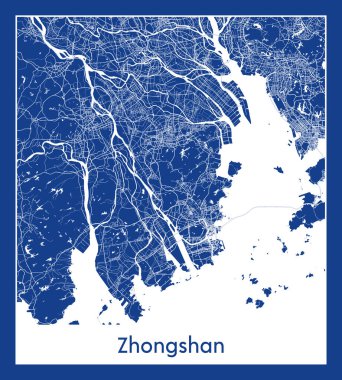 Zhongshan Çin Asya Şehri haritası mavi baskı vektör çizimi