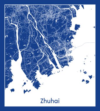 Zhuhai Çin Asya Şehri haritası mavi baskı vektör illüstrasyonu