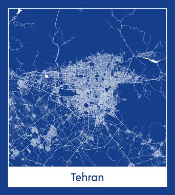 Tahran İran Asya Şehri haritası mavi baskı vektör illüstrasyonu