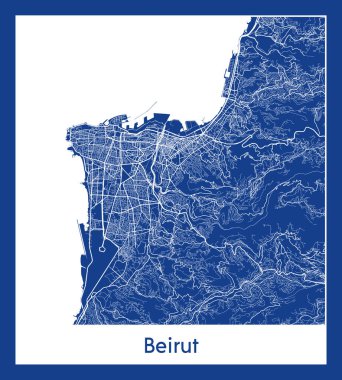 Beyrut Lübnan Asya Şehri haritası mavi baskı vektör illüstrasyonu