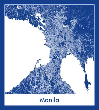 Manila Filipinler Asya Şehri haritası mavi baskı vektör illüstrasyonu