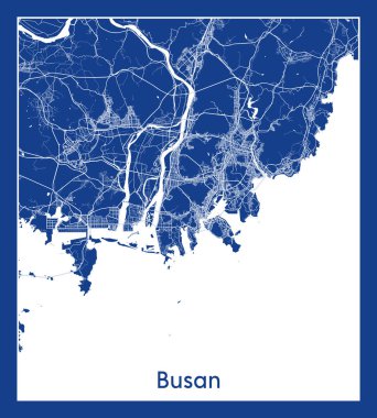 Busan Güney Kore Asya Şehri haritası mavi baskı vektör illüstrasyonu