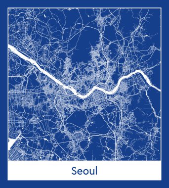 Seul Güney Kore Asya Şehri haritası mavi baskı vektör illüstrasyonu