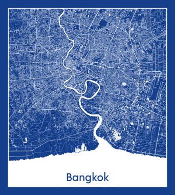 Bangkok Tayland Asya Şehri haritası mavi baskı vektör çizimi