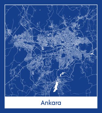 Ankara Türkiye Asya Şehri haritası mavi baskı vektör illüstrasyonu