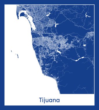 Tijuana Meksika Kuzey Amerika haritası mavi baskı vektör illüstrasyonu