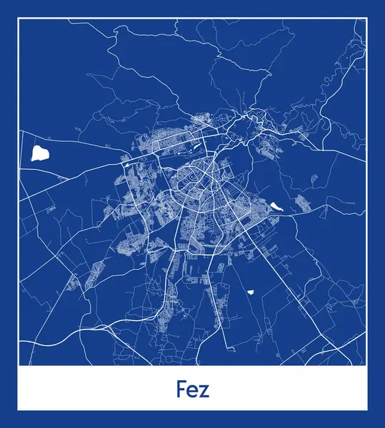 Fez Fas Afrika Şehri haritası mavi baskı vektör illüstrasyonu