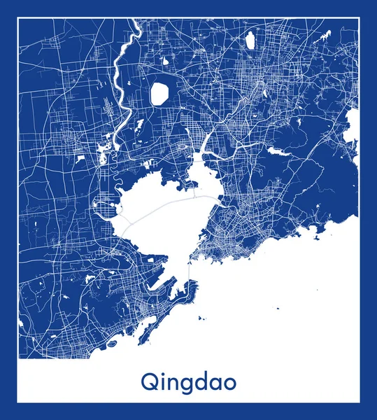 Qingdao Chiny Azja Mapa Miasta Niebieski Druk Wektor Ilustracja — Wektor stockowy