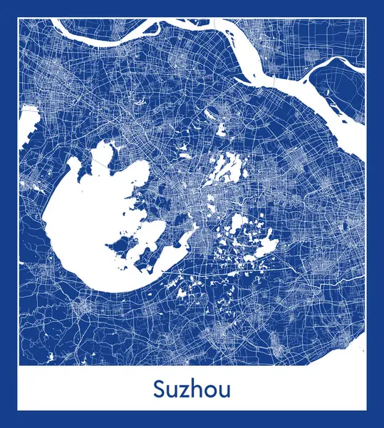Suzhou Çin Asya Şehri haritası mavi baskı vektör illüstrasyonu