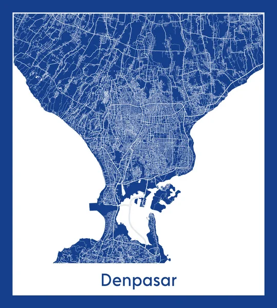 Denpasar Endonezya Asya Şehri haritası mavi baskı vektör çizimi