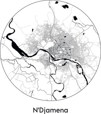 N Djamena 'nın Asgari Şehir Haritası (Çad, Afrika) siyah beyaz vektör çizimi