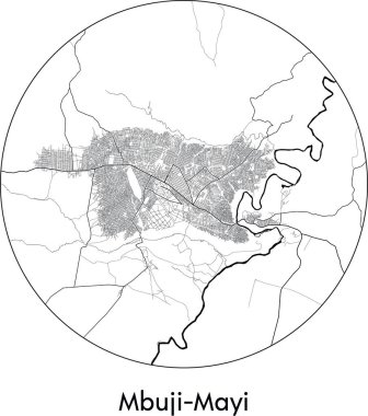 Mbuji Mayi 'nin Minimal Şehir Haritası (Demokratik Kongo Cumhuriyeti, Afrika) siyah beyaz vektör illüstrasyonu