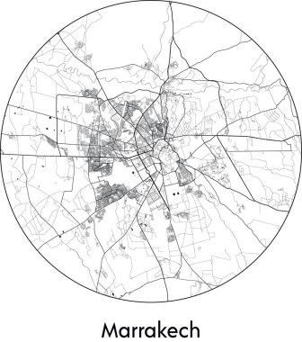 Marakeş Asgari Şehir Haritası (Fas, Afrika) siyah beyaz vektör çizimi