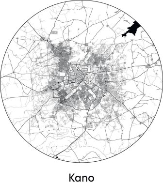 Kano Minimal Şehir Haritası (Nijerya, Afrika) siyah beyaz vektör çizimi