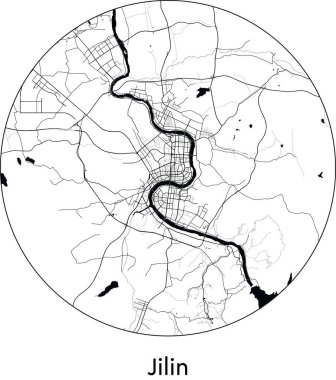 Asgari Şehir Haritası Jilin (Çin, Asya) siyah beyaz vektör illüstrasyonu