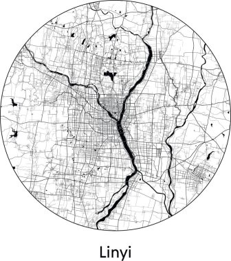 Linyi 'nin Asgari Şehir Haritası (Çin, Asya) siyah beyaz vektör illüstrasyonu