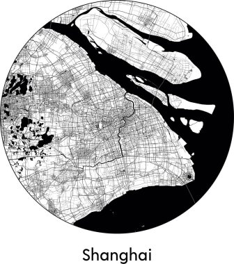 Asgari Şehir Şangay Haritası (Çin, Asya) siyah beyaz vektör illüstrasyonu