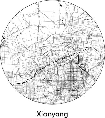 Xianyang 'ın Asgari Şehir Haritası (Çin, Asya) siyah beyaz vektör illüstrasyonu
