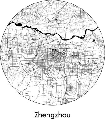 En Küçük Şehir Zhengzhou Haritası (Çin, Asya) siyah beyaz vektör çizimi