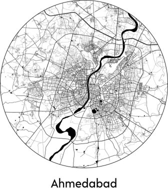 Ahmedabad 'ın Minimal Şehir Haritası (Hindistan, Asya) siyah beyaz vektör çizimi