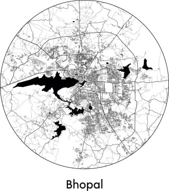 Bhopal 'in Minimal Şehir Haritası (Hindistan, Asya) siyah beyaz vektör illüstrasyonu