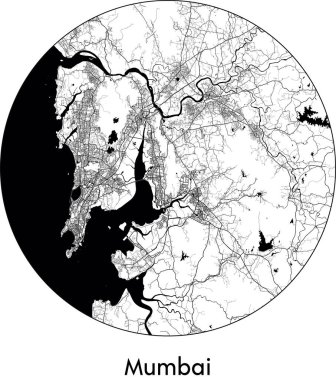 Mumbai Minimal Şehir Haritası (Hindistan, Asya) siyah beyaz vektör illüstrasyonu