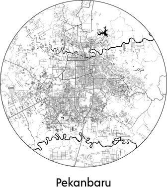 Pekanbaru Asgari Şehir Haritası (Endonezya, Asya) siyah beyaz vektör çizimi