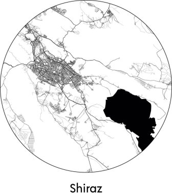 Şiraz 'ın Minimal Şehir Haritası (İran, Asya) siyah beyaz vektör illüstrasyonu