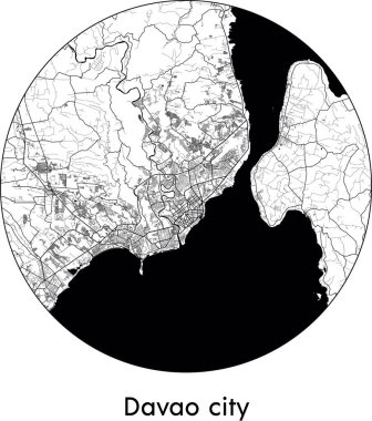 Davao şehrinin minimum şehir haritası (Filipinler, Asya) siyah beyaz vektör çizimi