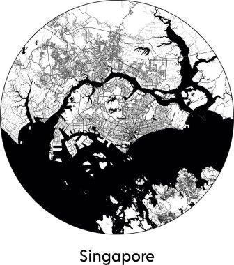 Singapur Asgari Şehir Haritası (Singapur, Asya) siyah beyaz vektör çizimi