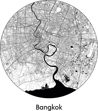 Asgari Şehir Bangkok Haritası (Tayland, Asya) siyah beyaz vektör çizimi