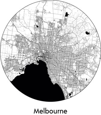 Melbourne Minimal Şehir Haritası (, Avustralya) siyah beyaz vektör çizimi
