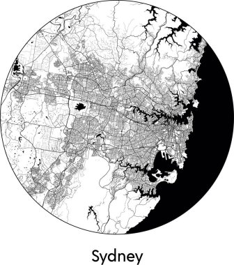 Sidney Minimal Şehir Haritası (, Avustralya) siyah beyaz vektör çizimi
